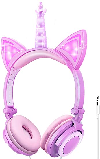 Esonstyle Unicorn Kids Headphones Kids LED Light Headband Earphone Foldable Over On Ear Game Headset for Toddlers Travel Birthday Gifts (Purple)