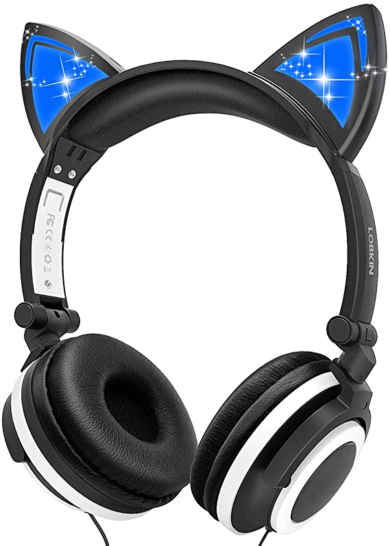 LOBKIN Foldable Wired Over Ear Kids Headphone with Glowing Light for Girls Children Cosplay Fans,Cat Ear Headphones (Black)
